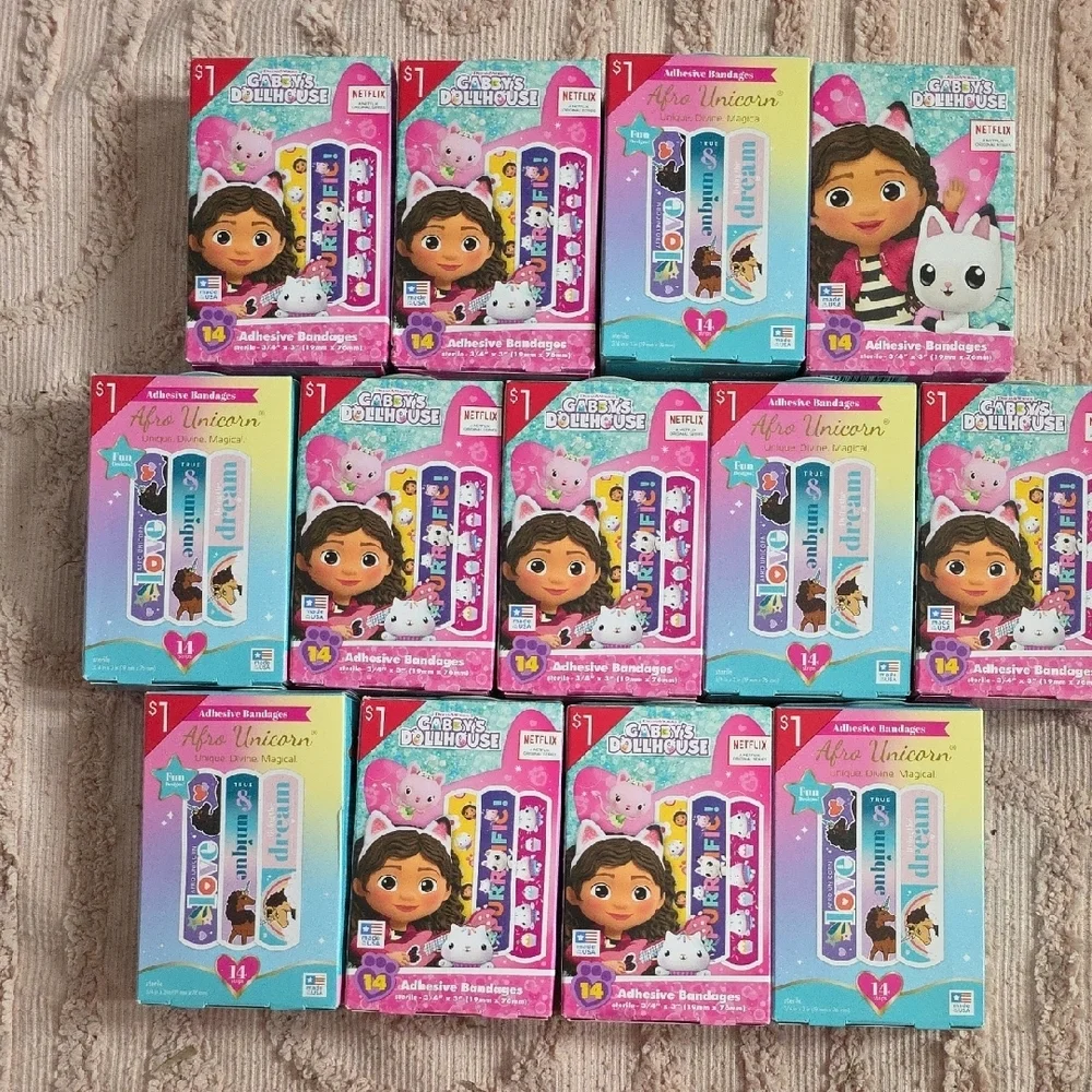 Gabby's Dollhouse And Afro Unicorn Adhesive Bandages,‎ 13 Boxes, New